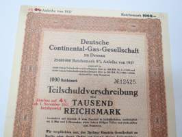 Deutsche Continental-Gas-Gesellschaft zu Dessau 25 000 000 Reichsmark 4 / 5% Anleihe / 1 000 Rm nr 12425 Teilschuldverschreibung 1937 -velkakirja / loan certificate