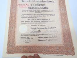 Deutsche Continental-Gas-Gesellschaft zu Dessau 25 000 000 Reichsmark 4 / 5% Anleihe / 1 000 Rm nr 12425 Teilschuldverschreibung 1937 -velkakirja / loan certificate