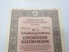 Hamburgische Electricitäts-Werke Hamburg, 1 000 Reichsmark 4,5% Schuldverschreibung 1940 -velkakirja / loan certificate