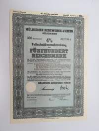 Mülheimer Bergwerks-Verein Mülheim/Ruhr 500 Rm 4% Teilschuldverschreibung Nr 223944, 1942 -velkakirja / loan certificate