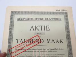 Rheinische Spiegelglassfabrik Aktie nr 10181 zu 1 000 Rm, 1924 -osakekirja / share certificate