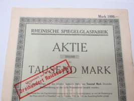 Rheinische Spiegelglassfabrik Aktie nr 10180 zu 1 000 Rm, 1924 -osakekirja / share certificate