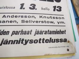 Ruotsi-Suomi jäärata (jääspeedway) maaottelu Turun urheilupuistossa 1.3.1959 Bramberg, Andersson, Knuttson, Pajari, Jousanen, Seliverstow -juliste / poster