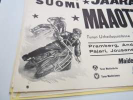 Ruotsi-Suomi jäärata (jääspeedway) maaottelu Turun urheilupuistossa 1.3.1959 Bramberg, Andersson, Knuttson, Pajari, Jousanen, Seliverstow -juliste / poster