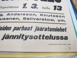 Ruotsi-Suomi jäärata (jääspeedway) maaottelu Turun urheilupuistossa 1.3.1959 Bramberg, Andersson, Knuttson, Pajari, Jousanen, Seliverstow -juliste / poster