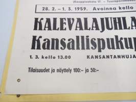 Maakunnallinen Ryijynäyttely Turun Suomalaisen Yhteiskoulun Juhlasalissa 28.2.-1.3.1959 / Kalevalajuhla / Kansallispukuparaati -juliste / poster