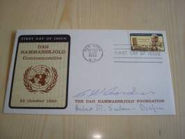 Dag Hammarskjöld Foundation, 1962, USA, ensipäiväkuori, FDC, alkuperäisella kortilla, harvinainen, kuoressa postimerkin suunnittelijan: Herbert Sanbornin ja