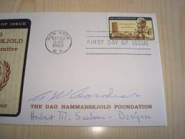 Dag Hammarskjöld Foundation, 1962, USA, ensipäiväkuori, FDC, alkuperäisella kortilla, harvinainen, kuoressa postimerkin suunnittelijan: Herbert Sanbornin ja