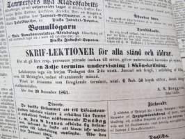 Åbo Underrättelser, torsdagen den 2 januari 1862 + lördagen den 4 januari + torsdagen den 9 januari - 3 stycken hela och ett klippt tidning tillsammans -3 kpl