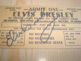 Elvis Presley &quot;pääsylippu nimikirjoituksella&quot;. Pääsylippu/nimikirjoitus on painettu 1950-luvun paperille, ei siis käsinkirjoitettu. Hieno esim. lahjaksi ja/tai