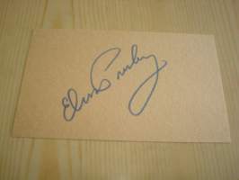 Elvis Presley, nimikirjoituskortti. Nimikirjoitus on painettu 1950-luvun postikorttipaperille, ei siis käsinkirjoitettu. Kortin koko noin 7,5 cm x 12,5 cm. Hieno