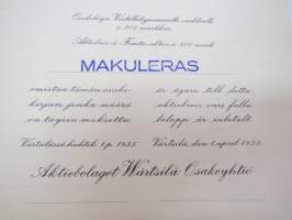 Aktiebolaget Wärtsilä Osakeyhtiö, 50 osaketta á 300 mk aktiebrev å 50 aktier á 300 mark, 15 000 mk,  Värtsilä 1935 -osakekirja / share certificate