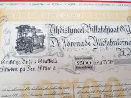 Yhdistyneet Villatehtaat Oy, Helsinki, 5 osaketta á 500 mk - Fem aktier á 500 mk, Litt B 2 500 mk -osakekirja / share certificate