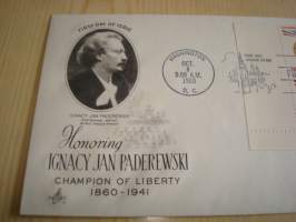 Ignacy Jan Paderewski, Champion of Liberty, 1960, USA, ensipäiväkuori, FDC. Katso myös muut kohteeni, mm. noin 1 200 erilaista amerikkalaista ensipäiväkuorta