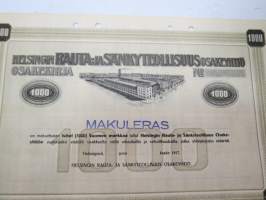 Helsingin Rauta- ja Sänkyteollisuus Oy, Helsinki 1917,  1 osake 1 000 mk -osakekirja / share certificate