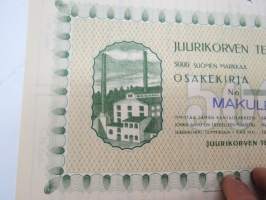 Juurikorven Tehtaat  O. Y., Juurikorpi 1918, 5 000 mk -osakekirja / share certificate