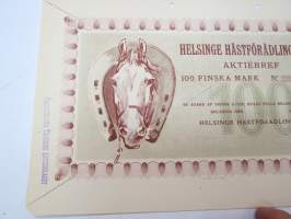 Helsinge Hästförädlings A-B, Helsinge, 100 finska mark aktiebref -osakekirja / share certificate