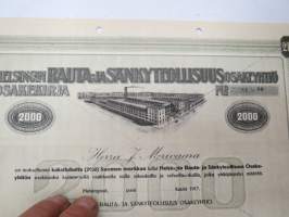 Helsingin Rauta- ja Sänkyteollisuus Oy, Helsinki 1917,  10 osaketta 2 000 mk - Herra J. Merivaara -osakekirja / share certificate