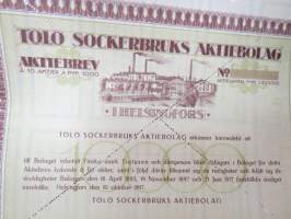 Tölö Sockerbruks Ab, Helsingfors, 1917, 10 aktier á 1 000 mk, 1917 -osakekirja / share certificate