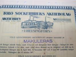 Tölö Sockerbruks Ab, Helsingfors, 1917, 1 aktie á 1 000 mk, 1917 -osakekirja / share certificate