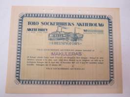 Tölö Sockerbruks Ab, Helsingfors, 1917, 1 aktie á 1 000 mk, 1917 -osakekirja / share certificate