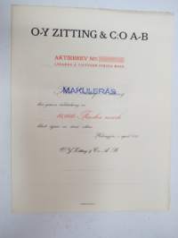 Oy Zitting &amp; Co Ab, Helsinki, 1925, 10 000 mk -osakekirja - share certificate
