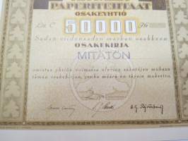 Yhtyneet Paperitehtaat Oy, Valkeakoski 50 000 mk -osakekirja / share certificate, piirtänyt - drawn by Eliel Saarinen