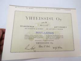 Yhteissisu Oy, Helsinki 1945, 50 osaketta á 10 000, 500 000 mk -osakekirja / share certificate