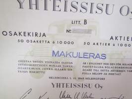 Yhteissisu Oy, Helsinki 1945, 50 osaketta á 10 000, 500 000 mk -osakekirja / share certificate