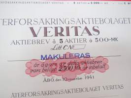 Återförsäkringsaktiebolaget Veritas, Åbo 1941, 5 aktier á 500 mk, 2 500 mk, Litt. C -osakekirja / share certificate