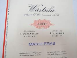 Wärtsilä-Yhtymä Oy - concernen Ab, Värtsilä 1941, 5 osaketta á 800 mk -osakekirja / share certificate