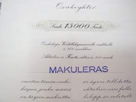 Wärtsilä Osakeyhtiö, Värtsilä 1938, 50 osakett á 300 mk, 15 000 mk -osakekirja / share certificate