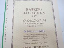 Barker-Littoinen Oy, Turku 1941, 10 osaketta á 1 000 mk, 10 000 mk -osakekirja