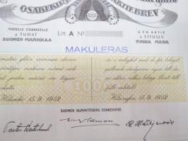 Suomen Gummitehdas Osakeyhtiö (Nokia); Helsinki 1952, 1 osake á 1 000 mk osakekirja - 1 aktie á 1 000 mk -osakekirja / share certificate