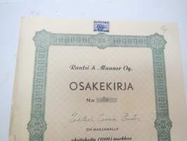 Rautsi &amp; Manner Oy, Helsinki 1946, 1000 mk, osakekirja nr 26 Johtaja Jorma Rautsi -share certificate