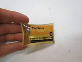Delco General vindrutespolarvätska - GM Nordiska Ab -1960-luvun lasinpesunestepakkaus, jossa jäätymisenkestävää pesuainetta, sekoitussuhde 1 tyyny - 1 litra