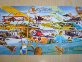 Vanhat lentokoneet, 6 postimerkin arkki, leimattu, vuodelta 2012, Malawi, hieno. Katso myös muut kohteeni mm. noin 1200 erilaista amerikkalaista ensipäiväkuorta