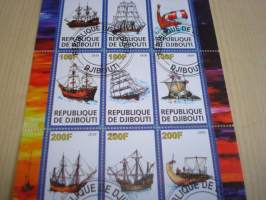 Purjelaiva, 9 postimerkin arkki, leimattu, vuodelta 2010, Djibouti, hieno. Katso myös muut kohteeni mm. noin 1200 erilaista amerikkalaista ensipäiväkuorta