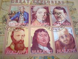 Great Explorers, 6 postimerkin arkki, leimattu, vuodelta 2008, Malawi, hieno. Katso myös muut kohteeni mm. noin 1200 erilaista amerikkalaista ensipäiväkuorta