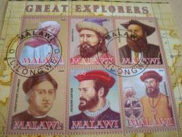 Great Explorers, 6 postimerkin arkki, leimattu, vuodelta 2008, Malawi, hieno. Katso myös muut kohteeni mm. noin 1200 erilaista amerikkalaista ensipäiväkuorta