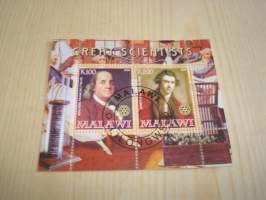 Great Scientists, 2 postimerkin arkki, leimattu, vuodelta 2008, Malawi, hieno. Katso myös muut kohteeni mm. noin 1200 erilaista amerikkalaista ensipäiväkuorta