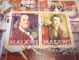 Great Scientists, 2 postimerkin arkki, leimattu, vuodelta 2008, Malawi, hieno. Katso myös muut kohteeni mm. noin 1200 erilaista amerikkalaista ensipäiväkuorta