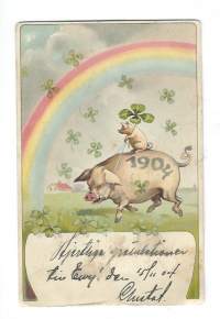 Uusi Vuosi 1904 - uudenvuodenkortti postikortti  kulkenut nyrkkipostissa