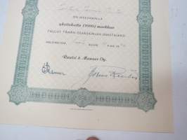 Rautsi &amp; Manner Oy, Helsinki 1946, 1000 mk, osakekirja nr 110 Johtaja Jorma Rautsi -share certificate