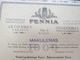 Försäkringsaktiebolaget Fennia Vakuutusosakeyhtiö, Helsinki 1942, Litt. A 1 osake á 1 000 mk -osakekirja / share certificate