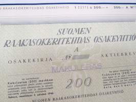 Suomen Raakasokeritehdas Oy, Salo 1946, 1 A-osake á 200 mk -osakekirja / share certificate