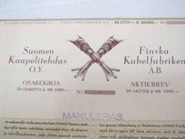 Suomen Kaapelitehdas Oy - Finska Kabelfabriken A.B., Helsinki 1946, 50 osaketta - 50 aktier á 1 000 mk = 50 000 mk -osakekirja / share certificate