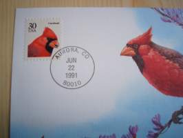 Lintu, maksikortti, ensipäiväkortti, USA, 1991, FDC. Katso myös muut kohteeni mm. noin 1200 erilaista amerikkalaista ensipäiväkuorta 1920-luvulta 2000-luvulle.