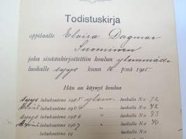 Turun kaupungin Käsityöläiskoulu - Todistuskirja Elvira Dagmar Suominen 1905-1907, sisältää tiedot käydyistä kursseista, niiden tuntimääristä,