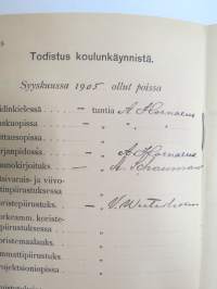 Turun kaupungin Käsityöläiskoulu - Todistuskirja Elvira Dagmar Suominen 1905-1907, sisältää tiedot käydyistä kursseista, niiden tuntimääristä,